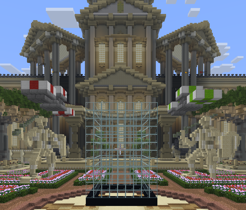 Palais Minecraft avec une cage centrale en verre
