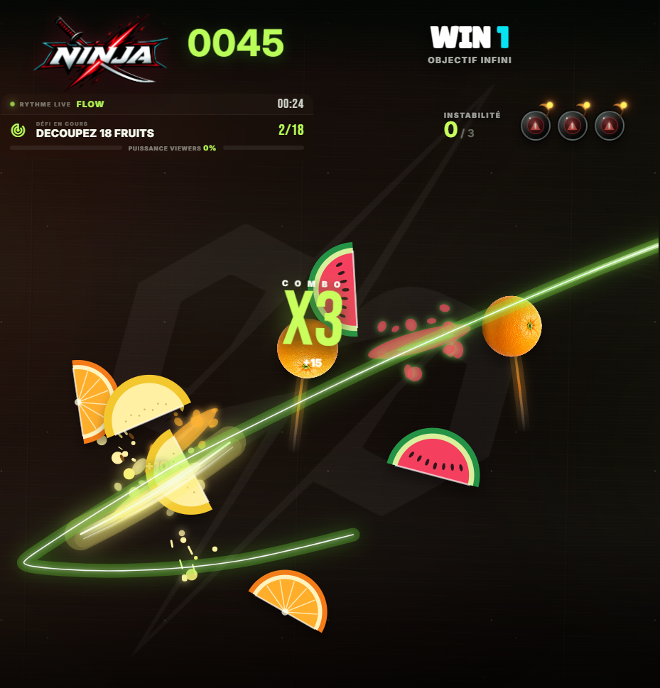 Capture du mode Ninja avec compteur de victoires, combo et fruits